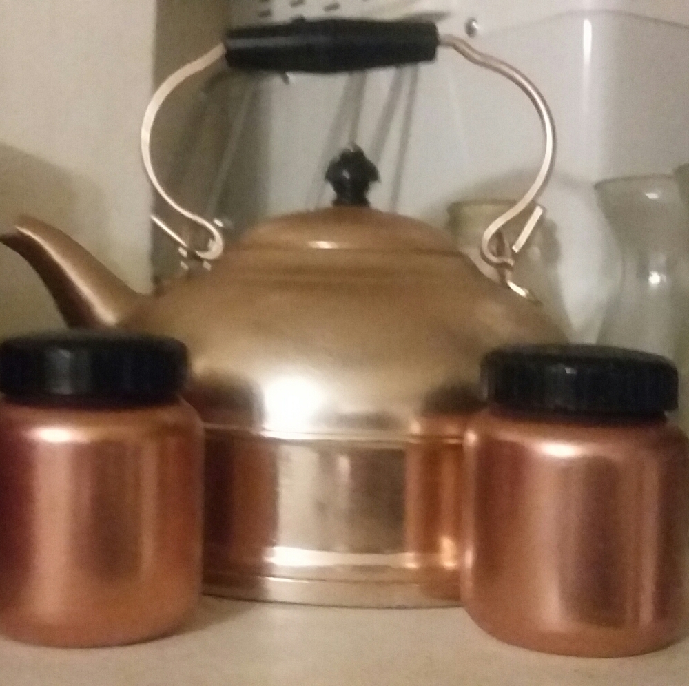 Copper.tea pot and salt and pepper shakers